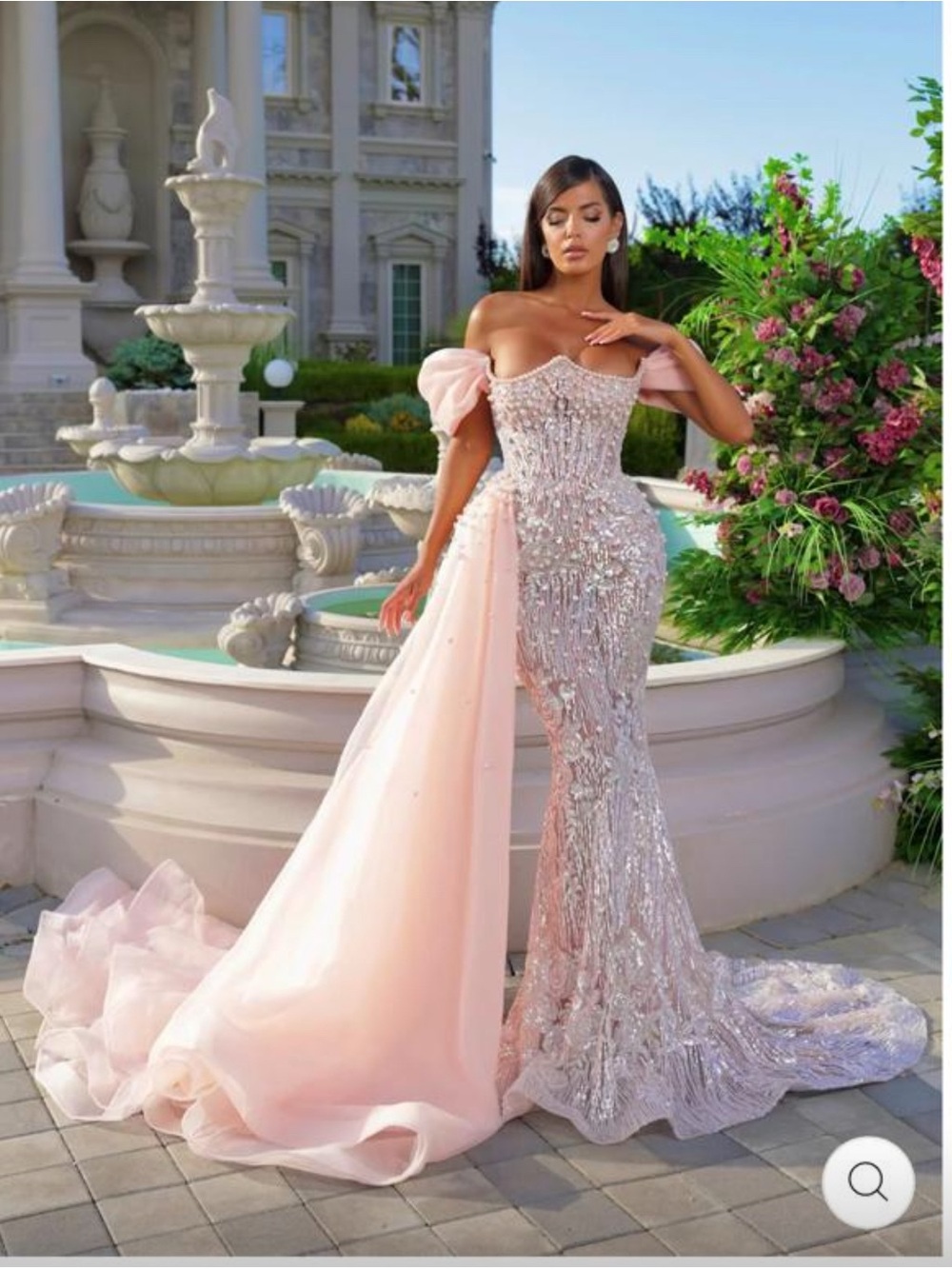 Off-Shoulder Pink Sequin Mermaid Prom Dress with Draped Train